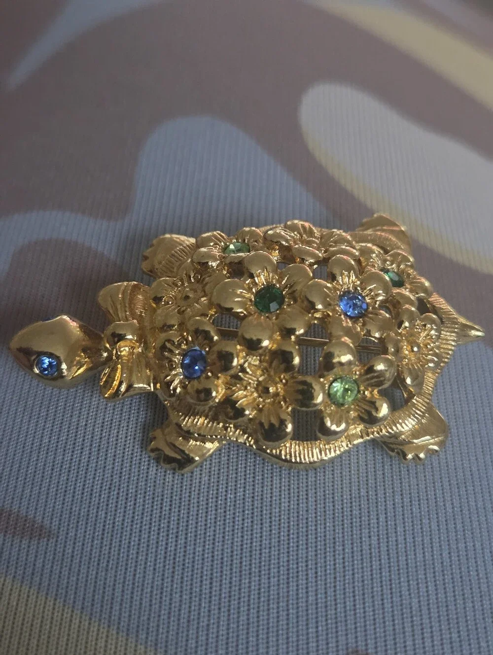 Vintage Avon Gold-Tone Turtle Brooch with Blue & Green Crystal Accents